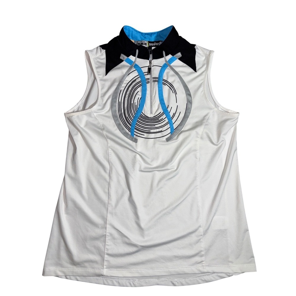 Jamie Sadock Womens Sleeveless Golf Top 1/4 Zip Mock Neck White Blue Black Small